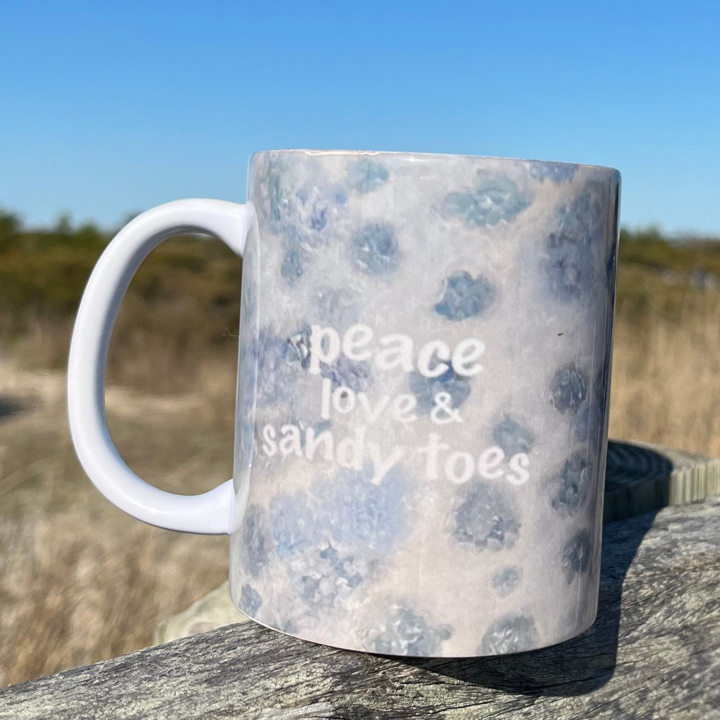 Blue floral peace love & sandy toes mug