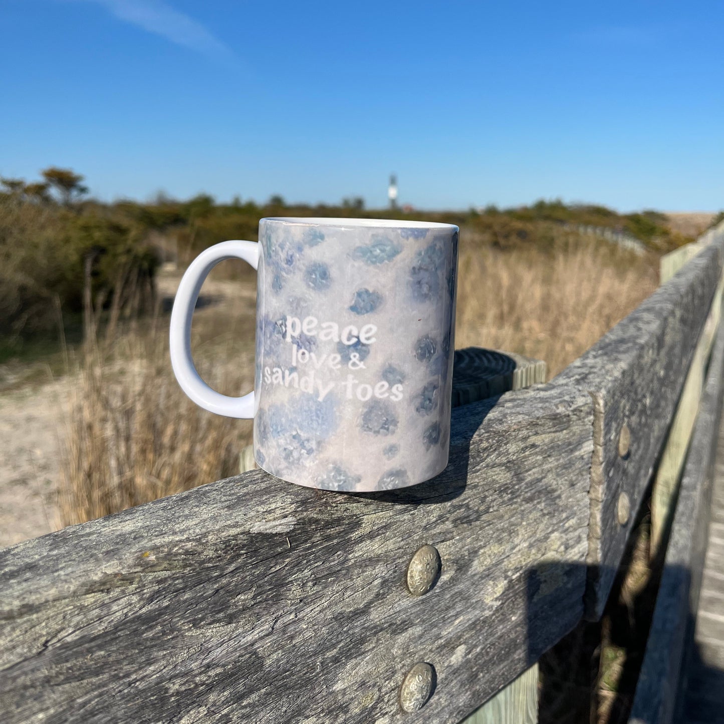 Blue floral peace love & sandy toes mug