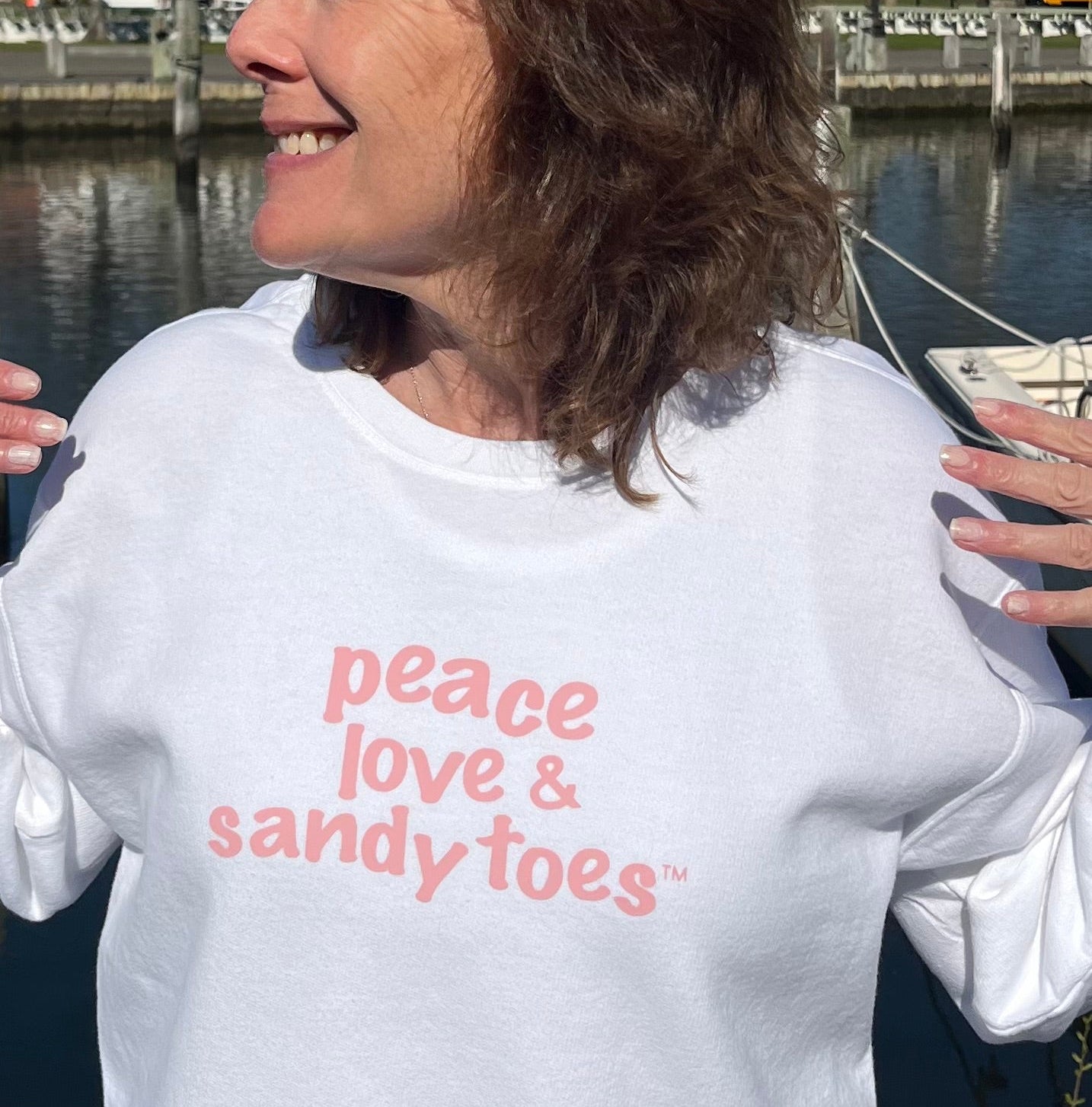 Pink wavy peace love & sandy toes crew sweatshirt